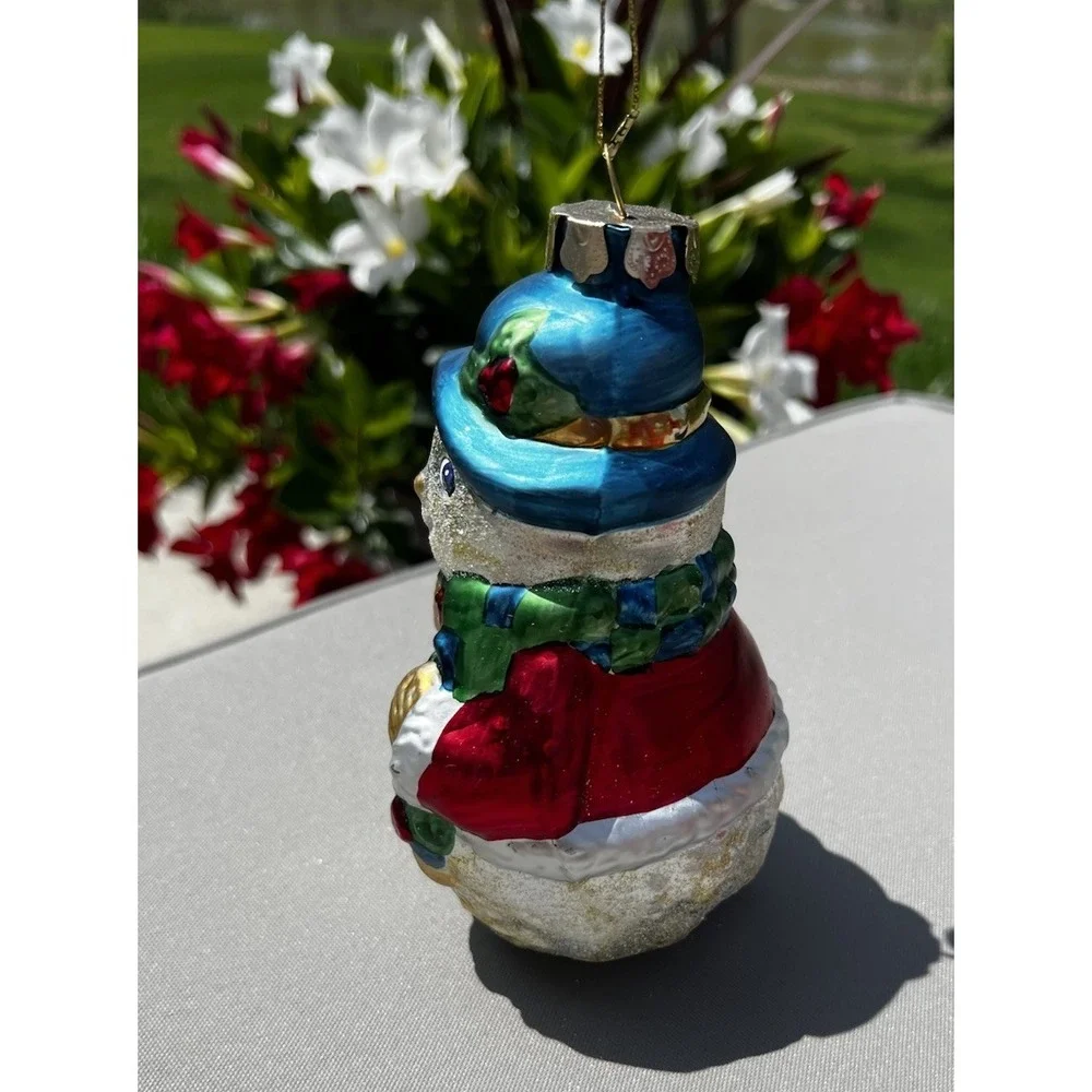 Christmas Street Snowman Glass Ornament Hand Painted European‎ Style Boxed Vtg